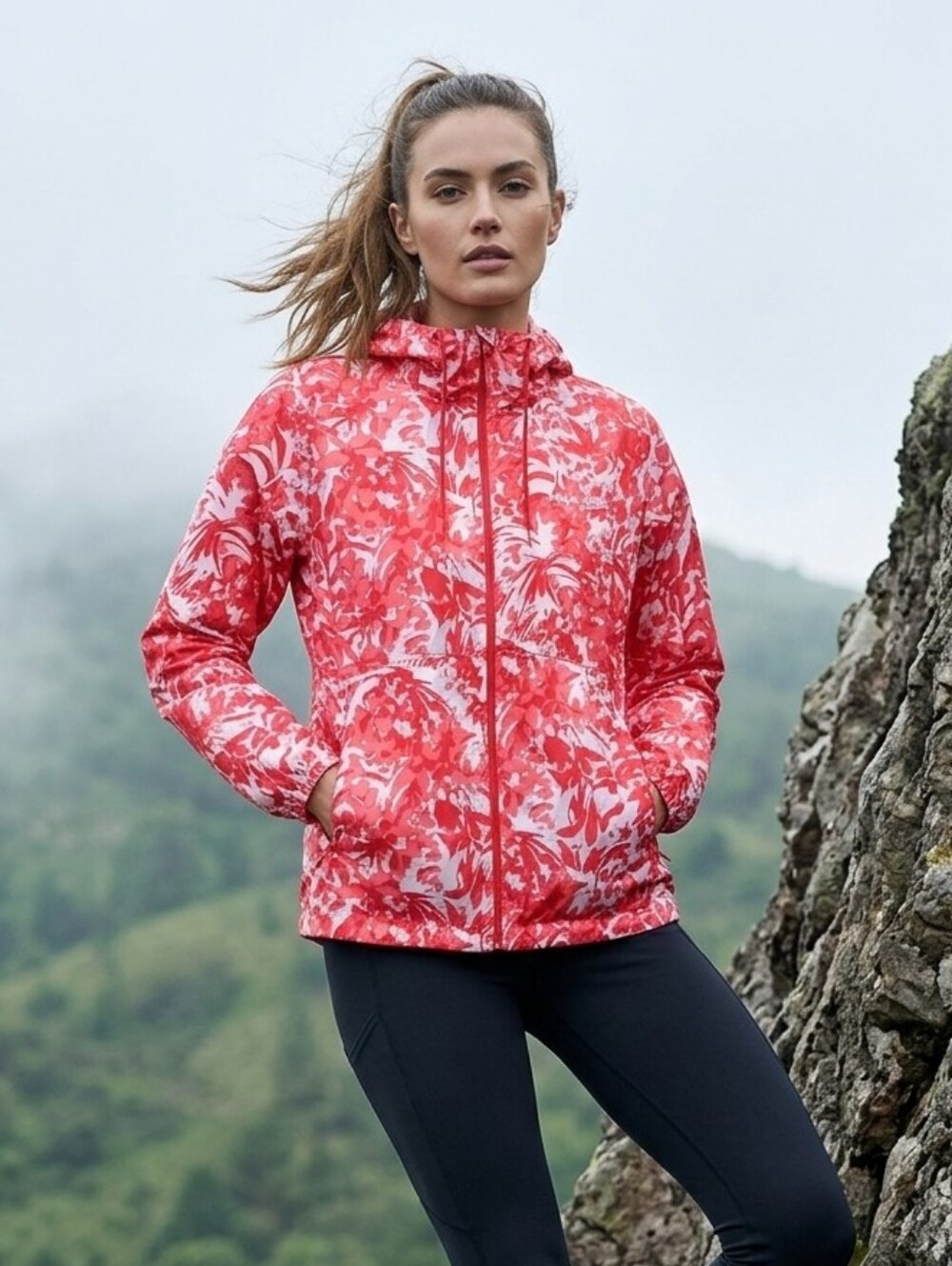 Columbia Windbreaker Jacket Lightweight Coral Abstract Print